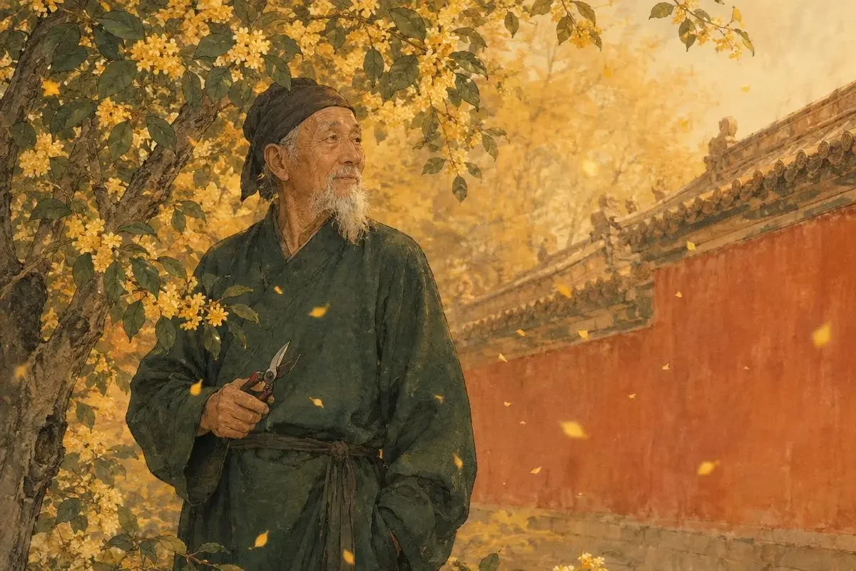 《沈九：四十年守着一座园子的人》配图：深绿布衣的老园丁执剪立于宫墙旁