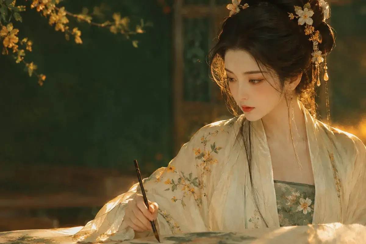 《苏璃》配图：素衣女画师执笔悬于绢本画卷之上，衣袖落满桂花瓣